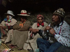 Hopi Harold Joseph (rt) during despacho ceremony with Q'ero spiritual leaders. Photo credit: Sage Garrett.